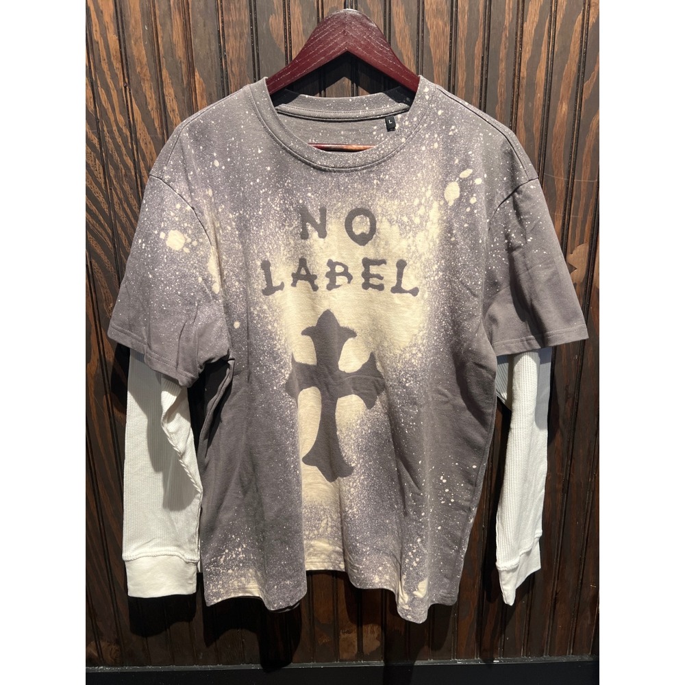 No Label Acid Wash Gothic Cross Layered Thermal Long Sleeve Tee Grey Large
